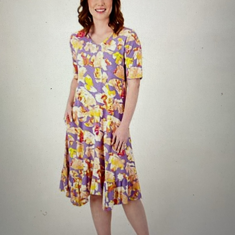 LOGO by Lori Goldstein Elbow Sleeve Dress Rayon 230 Lavender Floral Petite Small